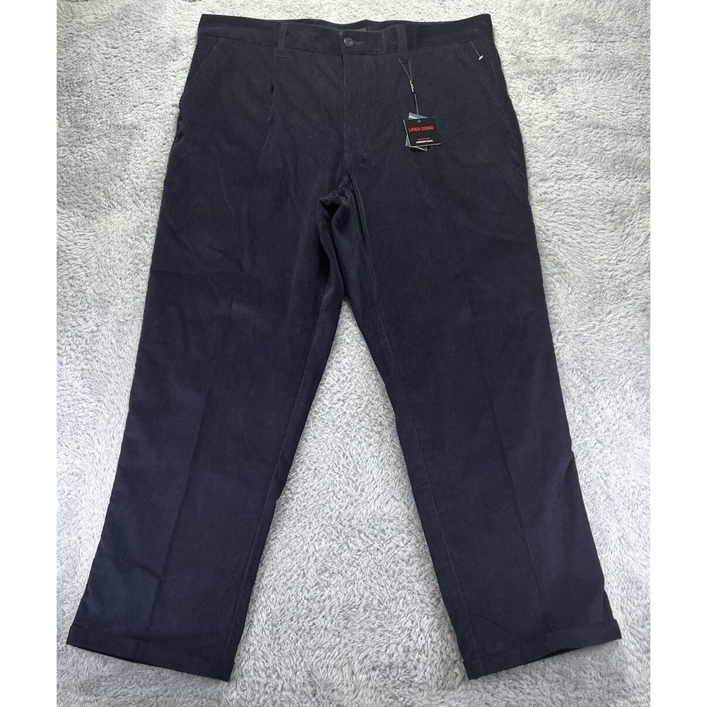 NWT Linea Uomo Mens 42x30 Corduroy Pants Navy Blue Pleated Classic Fit Chino